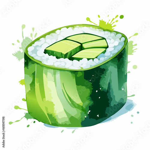 Artistic watercolor illustration of a fresh green cucumber sushi roll with paint splatters.