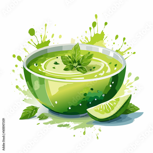 Vibrant green cream soup with fresh basil garnish and a lime wedge, in a watercolor splash style.