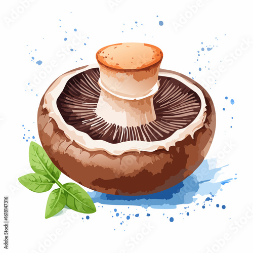 Artistic watercolor illustration of a fresh brown portobello mushroom with basil leaves.