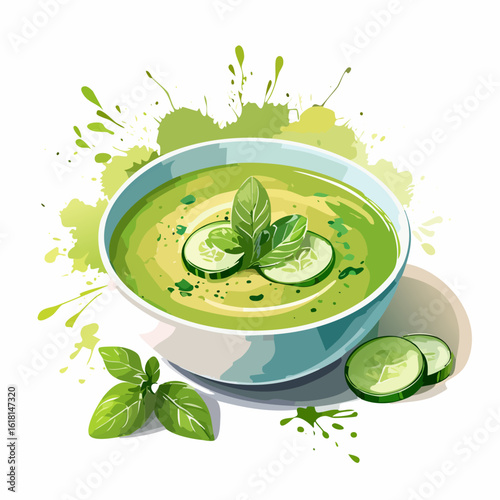 Vibrant green cream soup in a ceramic bowl, garnished with fresh cucumber slices and basil leaves, in a watercolor splash style.