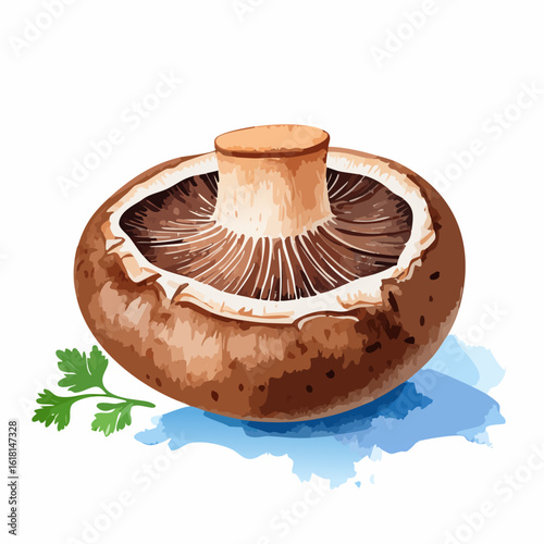Single brown cremini mushroom with exposed gills and stem, in a watercolor style.