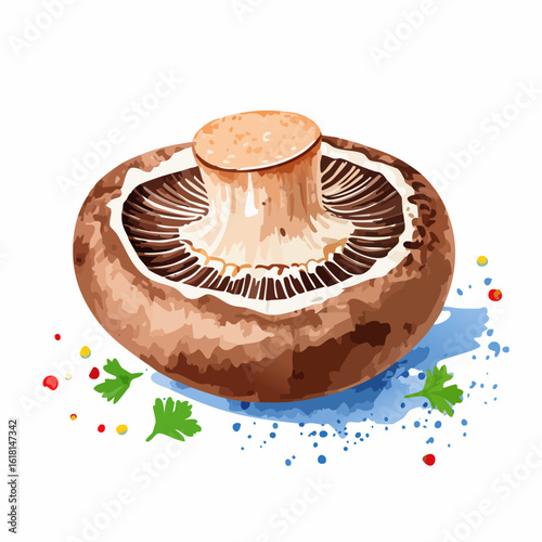 Artistic watercolor illustration of a single brown cremini mushroom with visible dark gills and a thick stipe.