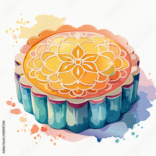 Ornate mooncake with a golden yellow top and intricate floral pattern, rendered in a colorful watercolor style.