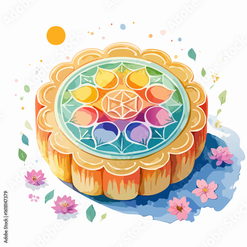Ornate watercolor mooncake with a colorful stained-glass style top and decorative fluted edges.