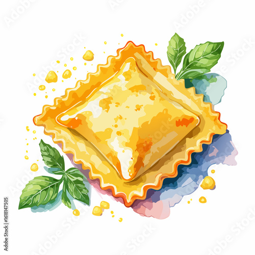 Watercolor illustration of a single square ravioli with fluted edges and basil.