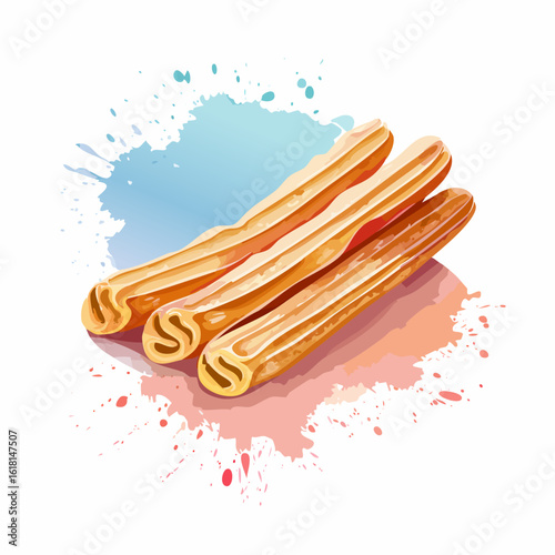Three golden-brown Spanish churros with a ridged, star-shaped texture, in a stylized watercolor illustration.