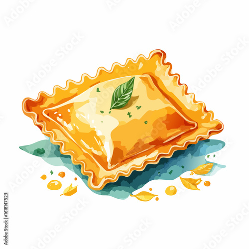 Watercolor illustration of a single golden ravioli with crimped edges, topped with a fresh green basil leaf and herbs.