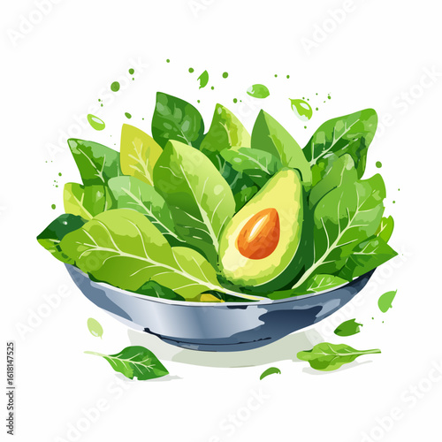 Vibrant watercolor illustration of a fresh spinach and avocado salad in a silver bowl.