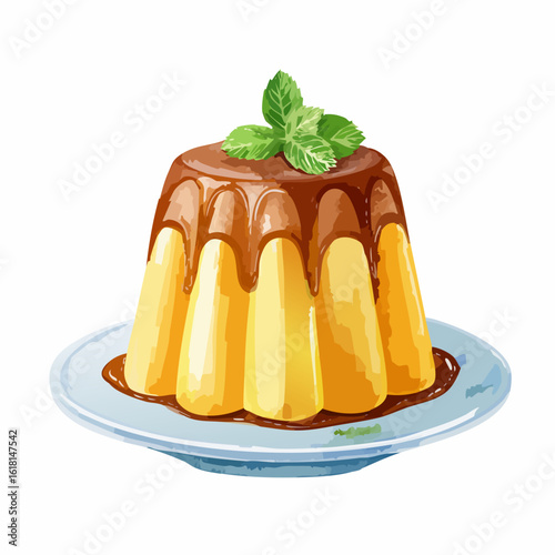 Molded vanilla pudding with dripping caramel sauce and a fresh mint sprig garnish.
