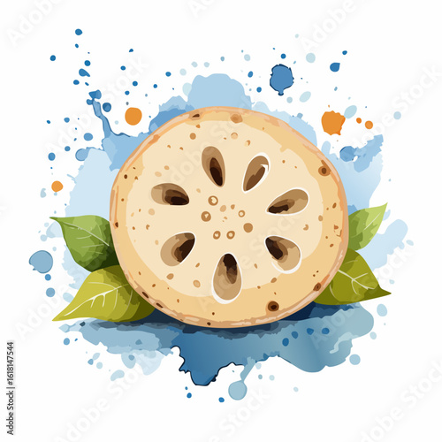 Artistic watercolor illustration of a sliced lotus root with distinctive holes and green leaves.