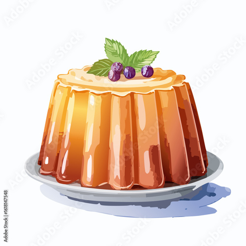 Shiny amber gelatin mold dessert with a creamy topping, blueberries, and fresh mint.
