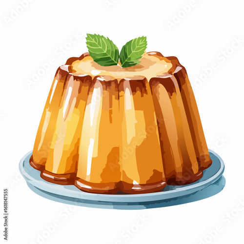 Fluted cr?me caramel pudding with glossy, dripping caramel sauce and a fresh mint garnish.