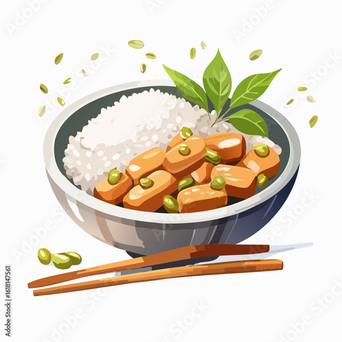 A delicious Asian rice bowl with saucy cubed tofu, green peas, and a fresh basil garnish, served with wooden chopsticks.