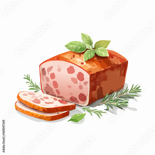 Savory sliced meatloaf with a pink, chunky texture, garnished with fresh basil and rosemary sprigs.