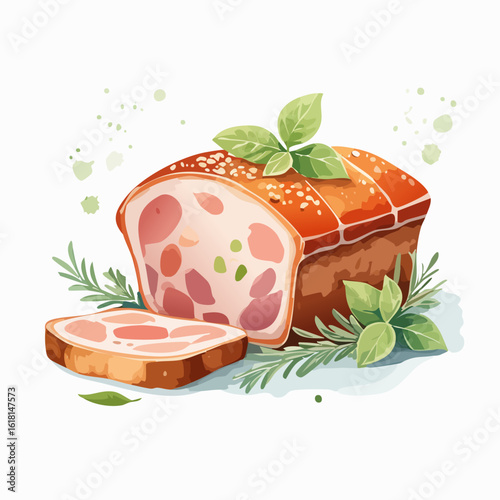 Savory sliced meatloaf terrine with a golden crust, garnished with fresh basil and rosemary.