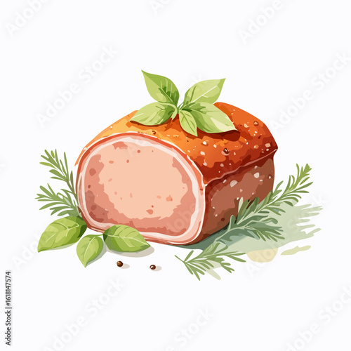 Roasted meat loaf with a golden-brown crust, garnished with fresh basil and rosemary.