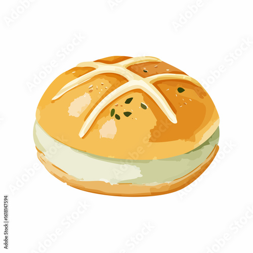 Illustrated golden-brown bun with a white cross, seeds, and a thick green cream filling.