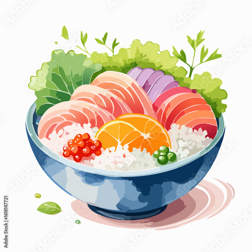 Vibrant watercolor illustration of a Japanese chirashi bowl with fresh salmon sashimi, roe, and greens.