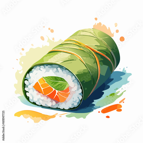 Vibrant watercolor sushi roll with salmon and a fresh herb, wrapped in a tied green leaf.