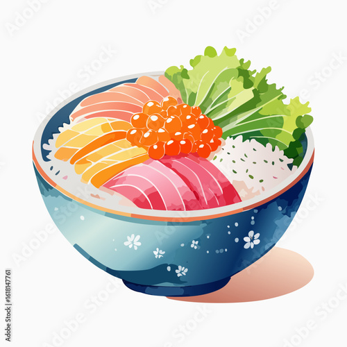 Vibrant watercolor illustration of a Japanese kaisendon bowl with fresh sashimi, ikura, and tamago.