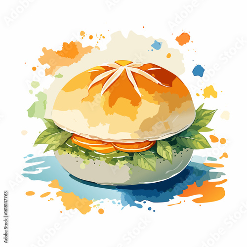 Artistic watercolor sandwich with a star-scored bun, fresh lettuce, and tomato slices.