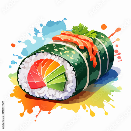 Stylized maki sushi roll with salmon topping and vibrant rainbow filling in a graphic art style.