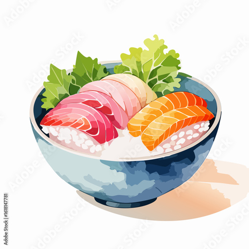 Vibrant illustration of a Japanese sashimi rice bowl with fresh tuna, salmon, and lettuce.