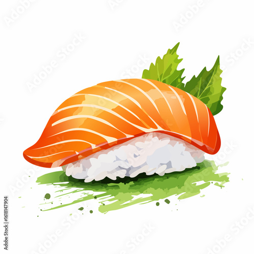 A glossy salmon nigiri sushi illustration with fresh raw fish, white rice, and a green leaf garnish, presented in a vibrant watercolor style.