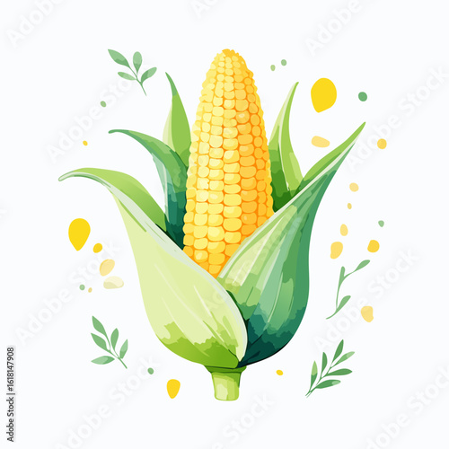 A vibrant watercolor illustration of a fresh yellow corn cob with its green husks partially peeled back.