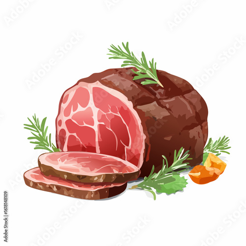 Roasted beef joint, partially sliced to reveal a marbled pink interior, garnished with rosemary.