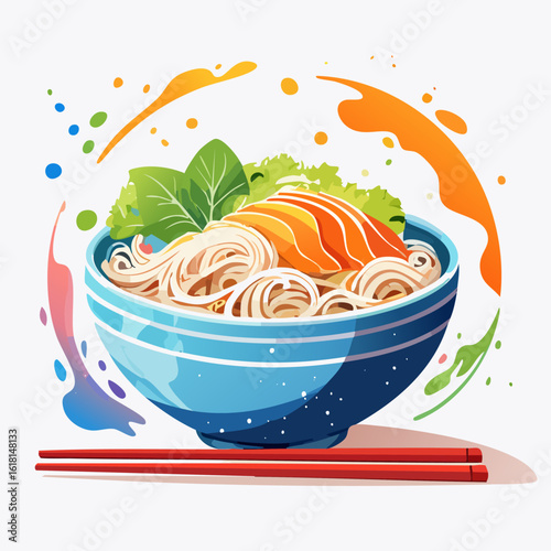 Vibrant illustration of a blue noodle bowl with sliced salmon, fresh greens, and red chopsticks.