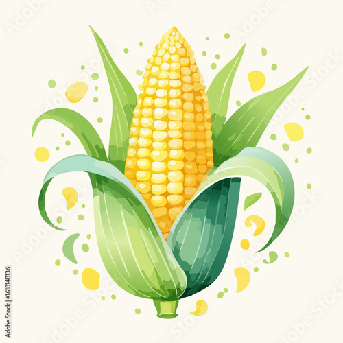 Artistic watercolor illustration of a fresh corn cob with golden kernels and peeling green husks.