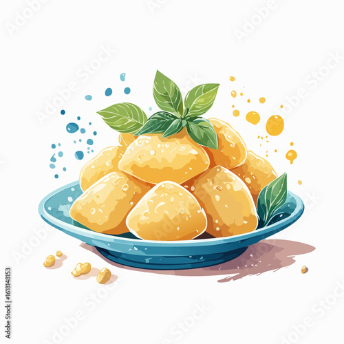 A vibrant watercolor illustration of golden fried appetizers piled on a blue plate and garnished with fresh basil leaves.