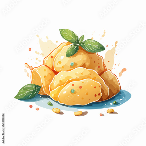A vibrant watercolor illustration of a pile of golden gnocchi, garnished with fresh basil leaves and scattered pine nuts.