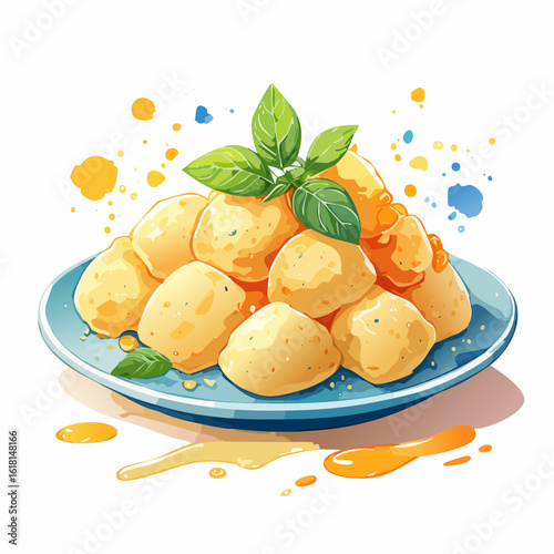 Artistic watercolor illustration of golden gnocchi with fresh basil on a blue plate.