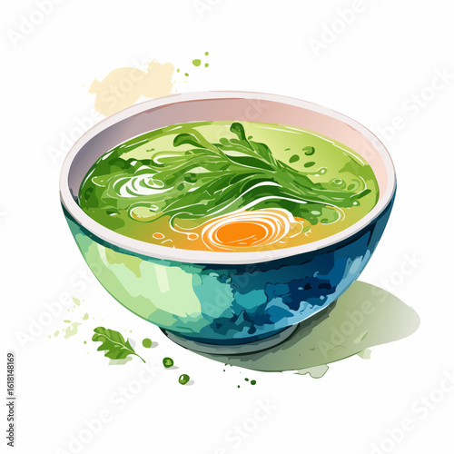 A stylized watercolor bowl of green noodle soup with a bright orange egg yolk and fresh leafy greens.