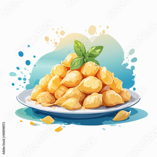 A heaping plate of golden yellow pasta dumplings, piled high and garnished with a fresh sprig of green basil leaves.