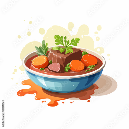 A savory bowl of beef stew with chunky carrots and fresh herbs in a blue ceramic bowl.