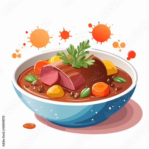 A hearty bowl of beef stew with sliced meat, carrots, and potatoes, in a vibrant graphic style.
