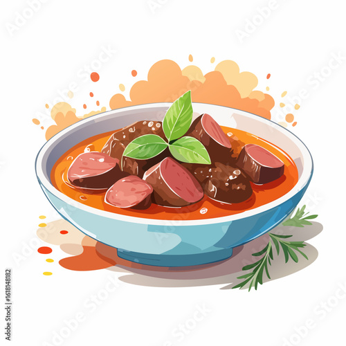 A vibrant illustration of a hearty sausage stew in a blue bowl, garnished with fresh basil and rosemary.
