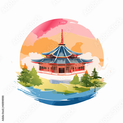 Japanese pagoda with a blue tiered roof and red finial in a circular watercolor landscape with pine trees and a vibrant sunset.