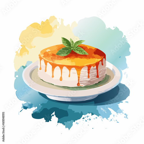 Illustrative layered cake with dripping orange glaze and a fresh mint sprig garnish.