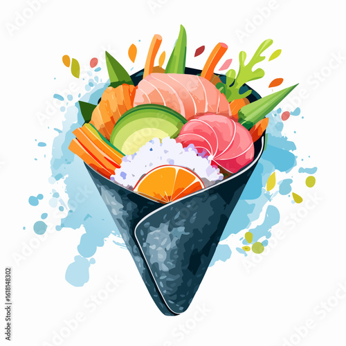 Colorful temaki hand roll sushi illustration with fresh salmon, tuna, and avocado.