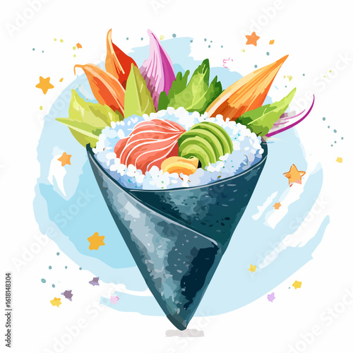 Artistic watercolor temaki sushi hand roll, a vibrant cone of salmon, avocado, and fresh greens.