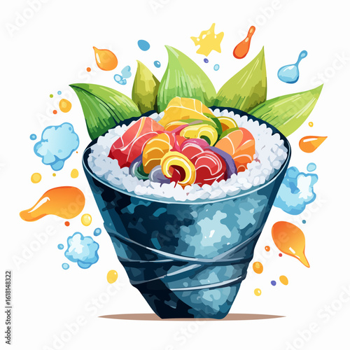 Vibrant illustration of a Japanese temaki hand roll sushi cone, filled with colorful raw fish, rice, and fresh green leaves.