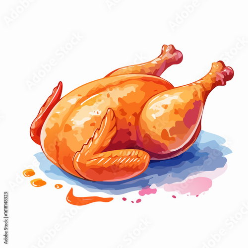 Stylized illustration of a whole roasted chicken with glossy, golden-brown skin and juicy drippings.