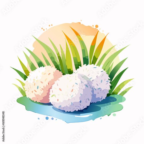 Artistic watercolor illustration of three textured rice balls with colorful seasonings, nestled among green leaves.