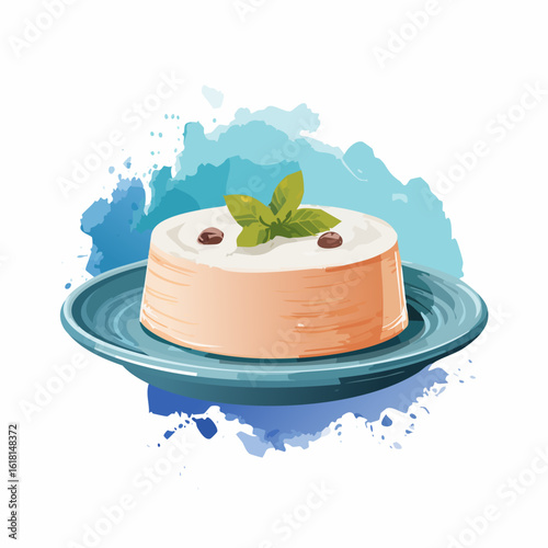 Elegant panna cotta dessert with a creamy white top, garnished with fresh mint and coffee beans, served on a blue plate.