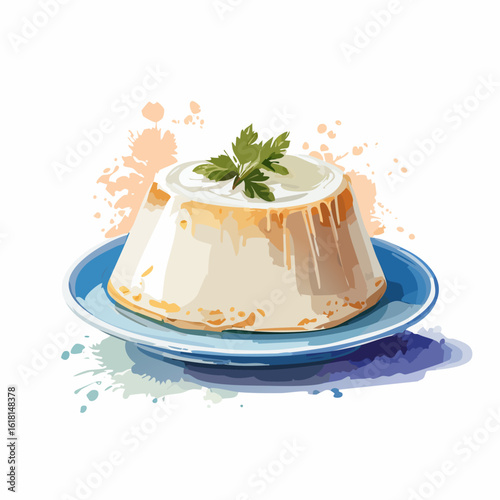 A creamy white panna cotta dessert with a fresh parsley garnish, served on a blue plate.