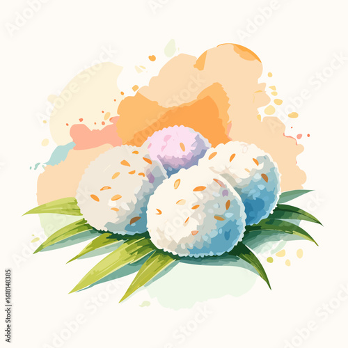 Artistic watercolor of Asian sweet rice balls with sesame seeds served on green leaves.